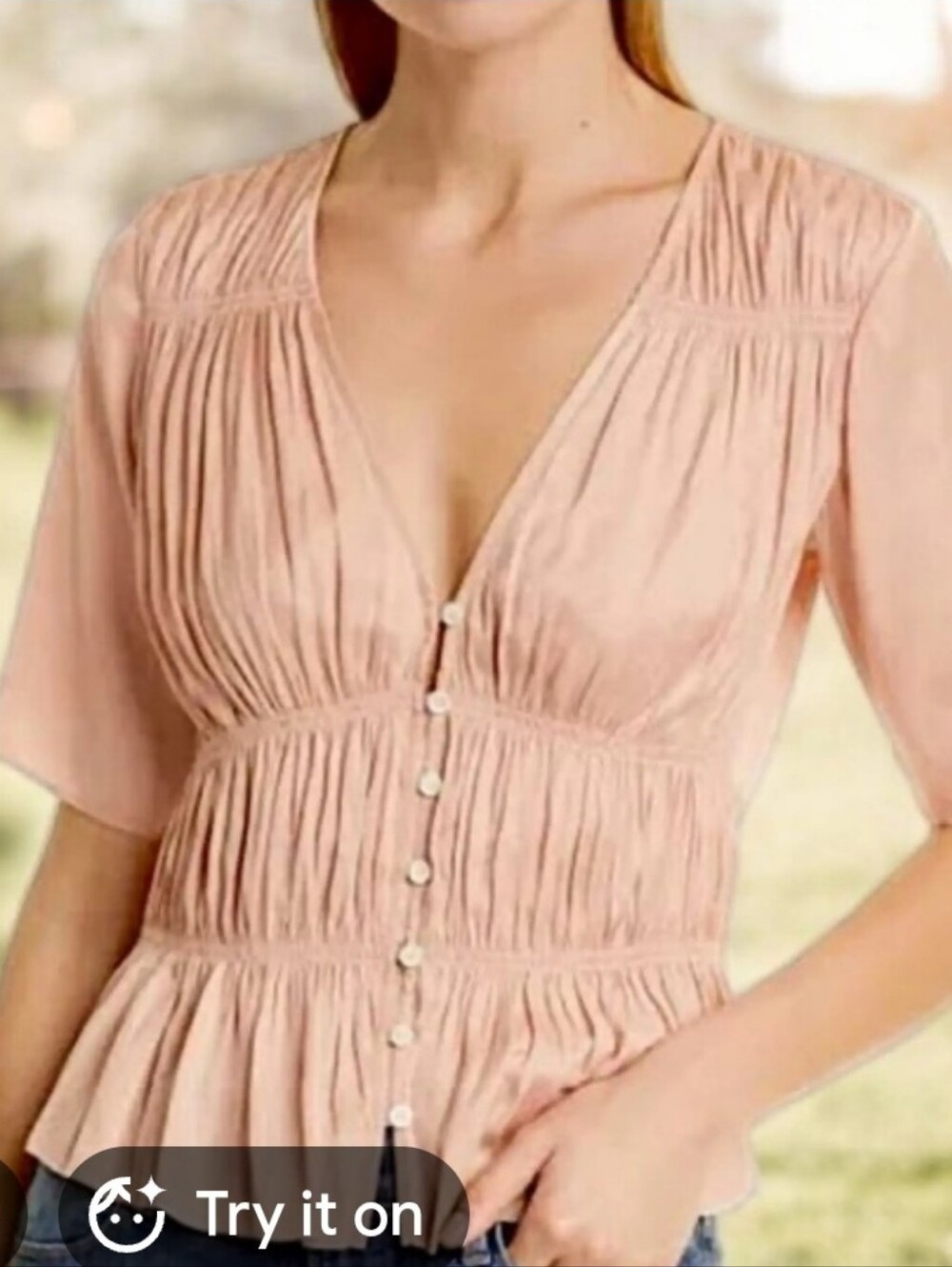 Frame Denim Blush Shirred Satin V-Neck Button-Front Top/size XS